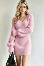 V-Neck Fuzzy Long Sleeve Bodycon Mini Knit Dress
