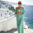 One Shoulder Cold Shoulder Puff Sleeve Striped Maxi Dress