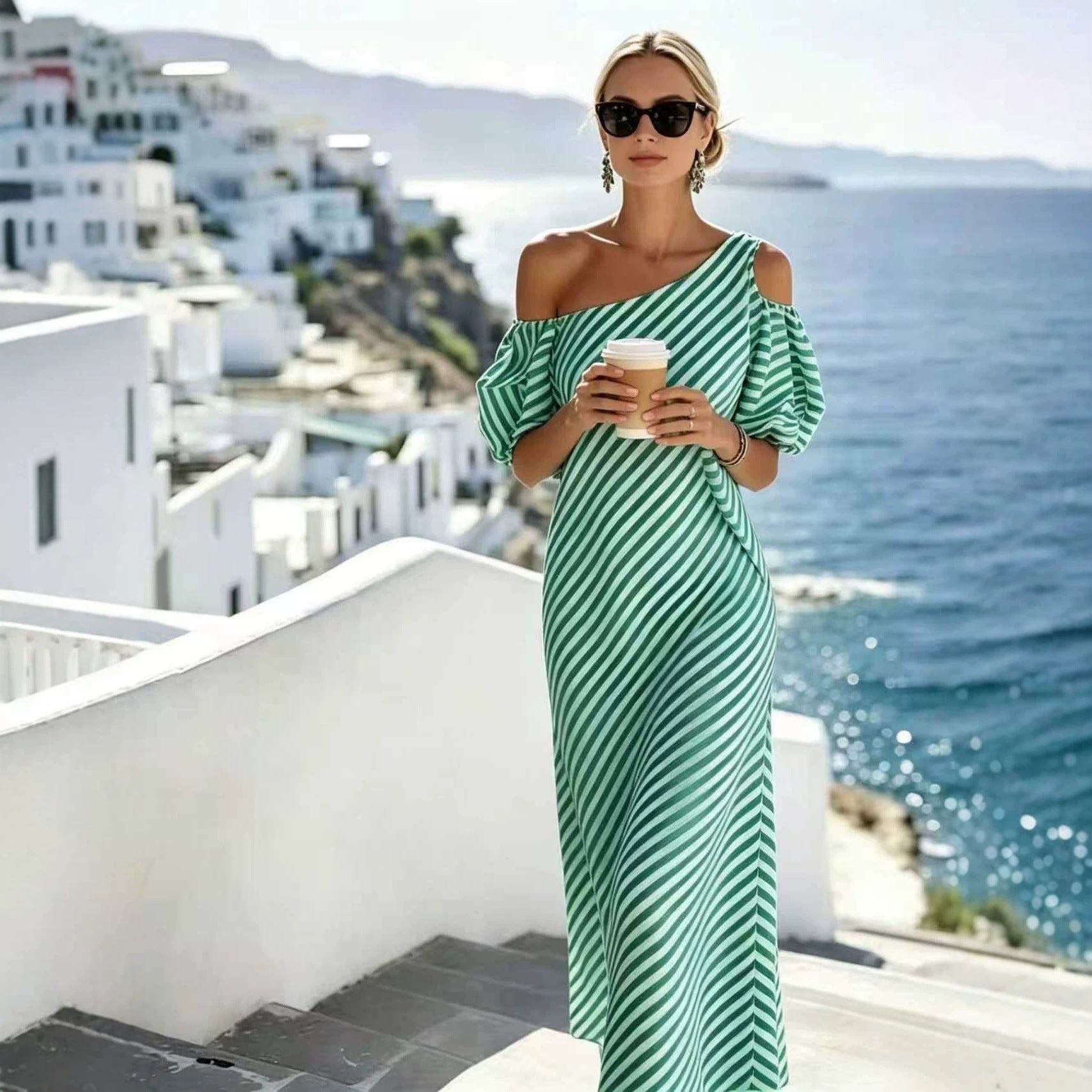 One Shoulder Cold Shoulder Puff Sleeve Striped Maxi Dress