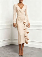 Women's Solid Blush‑Pink Wrap Ruffle Ruched Long‑Sleeve Midi Dress