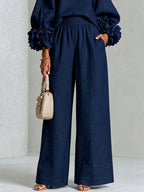 Pink Top Featuring Striking Floral Cuffs Paired With Wide-leg Pants Suit - Matching Sets