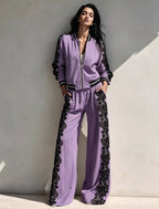 Bomber Jacket & Wide?Leg Pants Two?Piece Set with Black Lace Trim