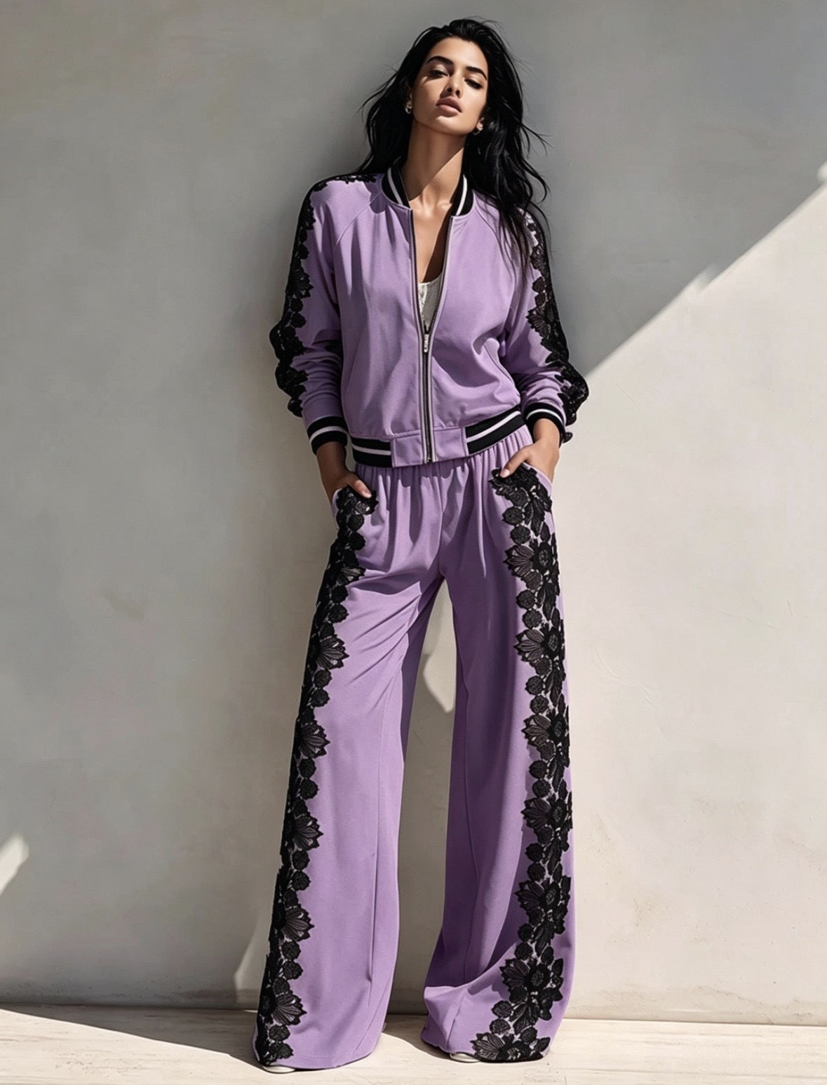 Bomber Jacket & Wide?Leg Pants Two?Piece Set with Black Lace Trim