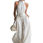 Women's White Linen-Blend Halter Wide-Leg Jumpsuit with Belt