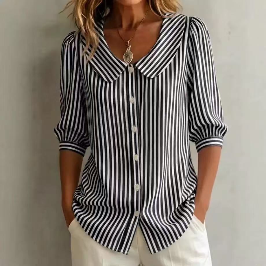 Striped Peter Pan Collar Puff Short Sleeve Blouse