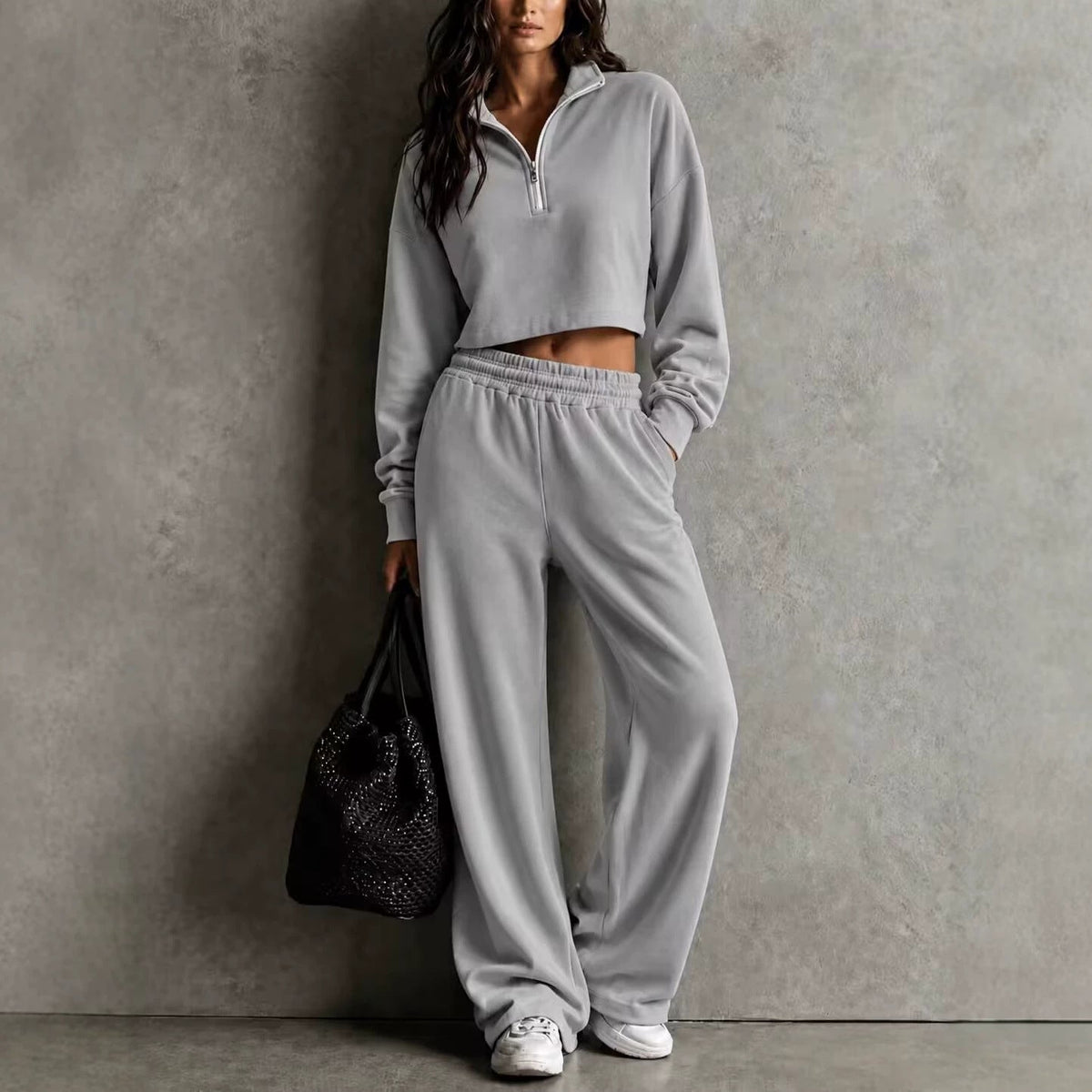 Half?Zip Cropped Sweatshirt & Wide?Leg Sweatpants Two?Piece Set