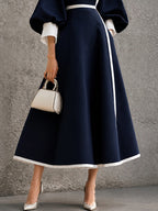 Women¡¯s Solid Navy Contrast?Trim Balloon?Sleeve Belted Maxi Dress