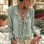 Ruffle Trim Tie-Up V-Neck Long Sleeve Blouse