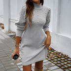 Turtleneck Pearl?Embellished Puff?Sleeve Knit Mini Dress