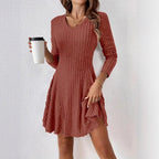 Ribbed Knit V‑Neck Long‑Sleeve Flared Mini Dress