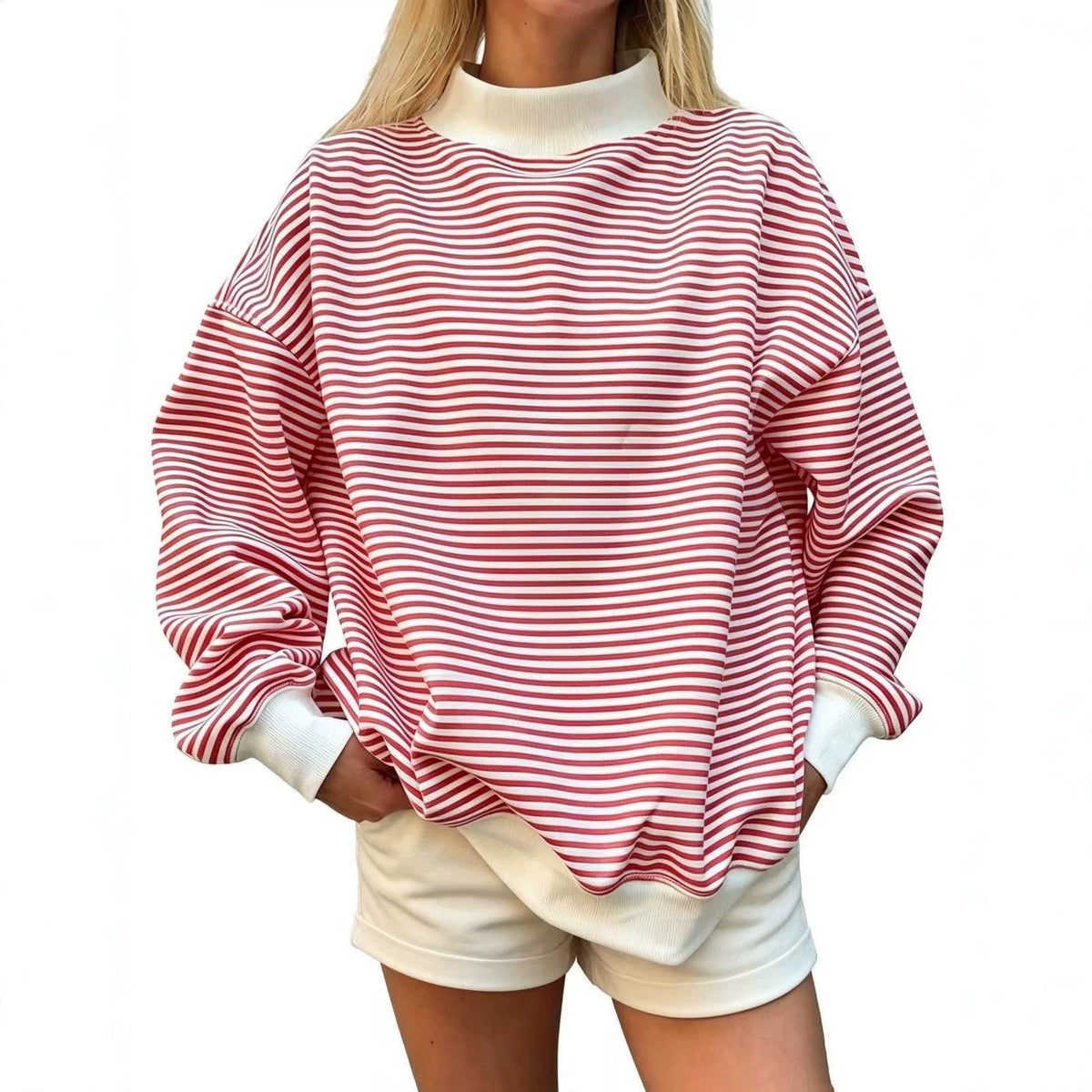 Oversized Striped Mock Neck Sweatshirt