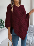 Cable Knit Hollow Out V-Neck Poncho Sweater Cape