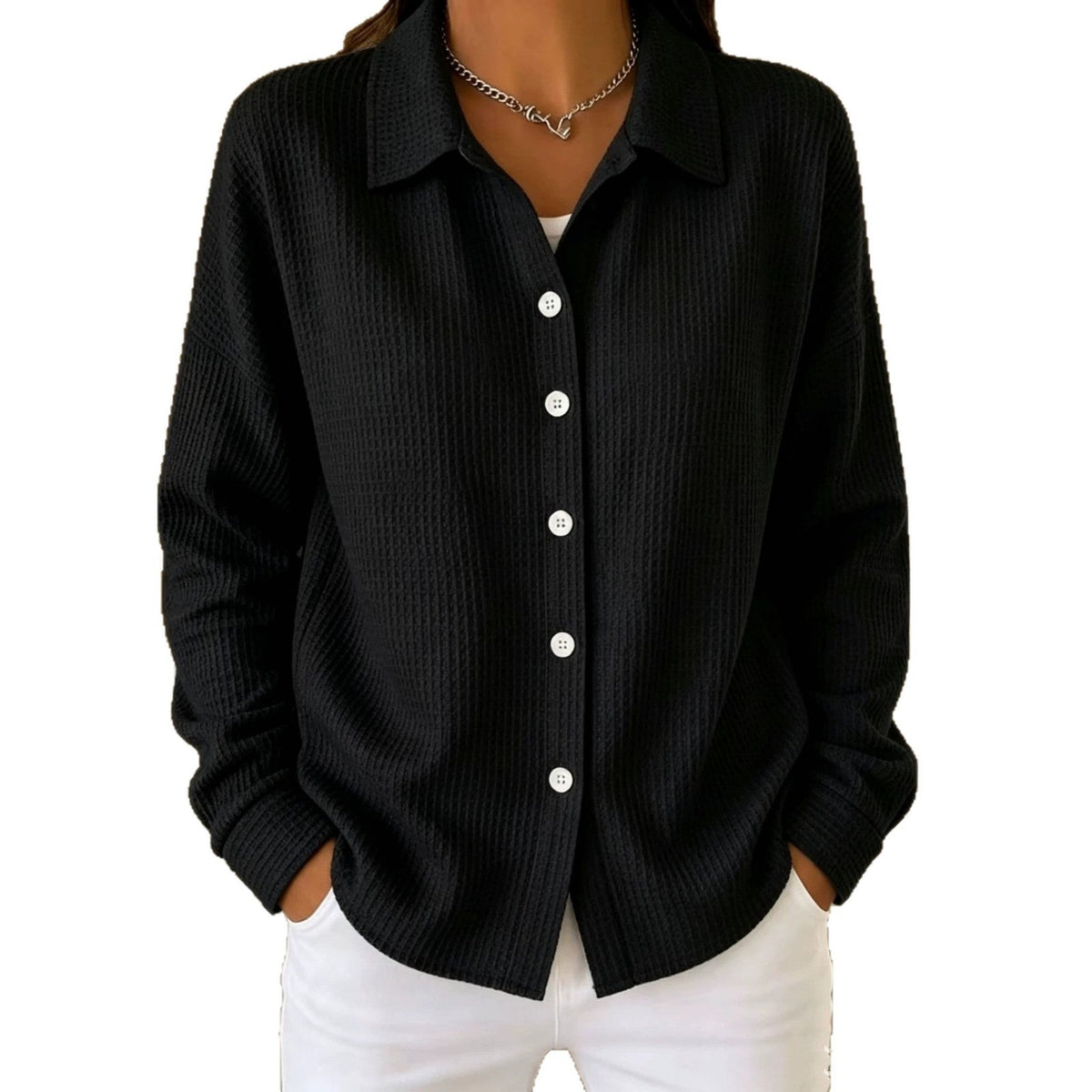 Women¡¯s Light Blue Waffle Knit Lapel Button Down Long Sleeve Shirt