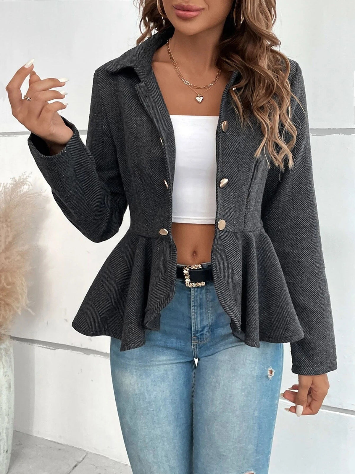 Herringbone Peplum Button?Front Collared Jacket