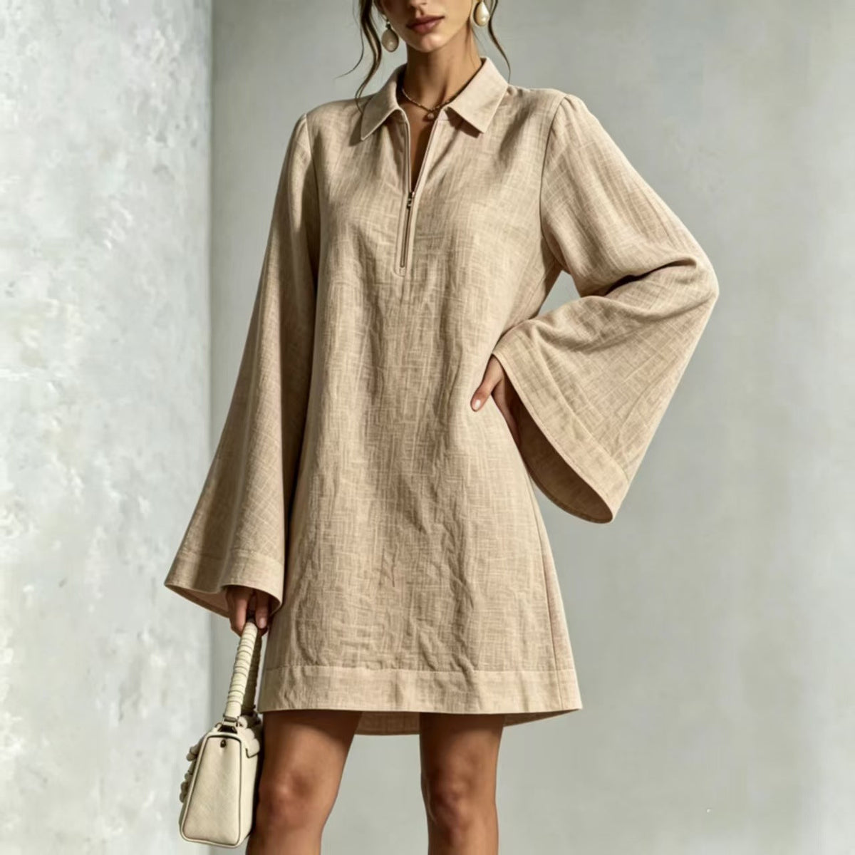 Collared Half Zip Bell Long Sleeve Linen Blend Mini Shirt Dress