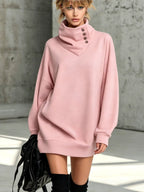 Women's Solid Pink Button-Detail Cowl Neck Long Sweatshirt Tunic Dress