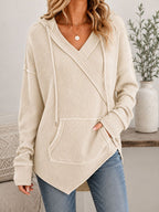 Women's Waffle Knit Surplice V Neck Long Sleeve Hooded Top with Pocket