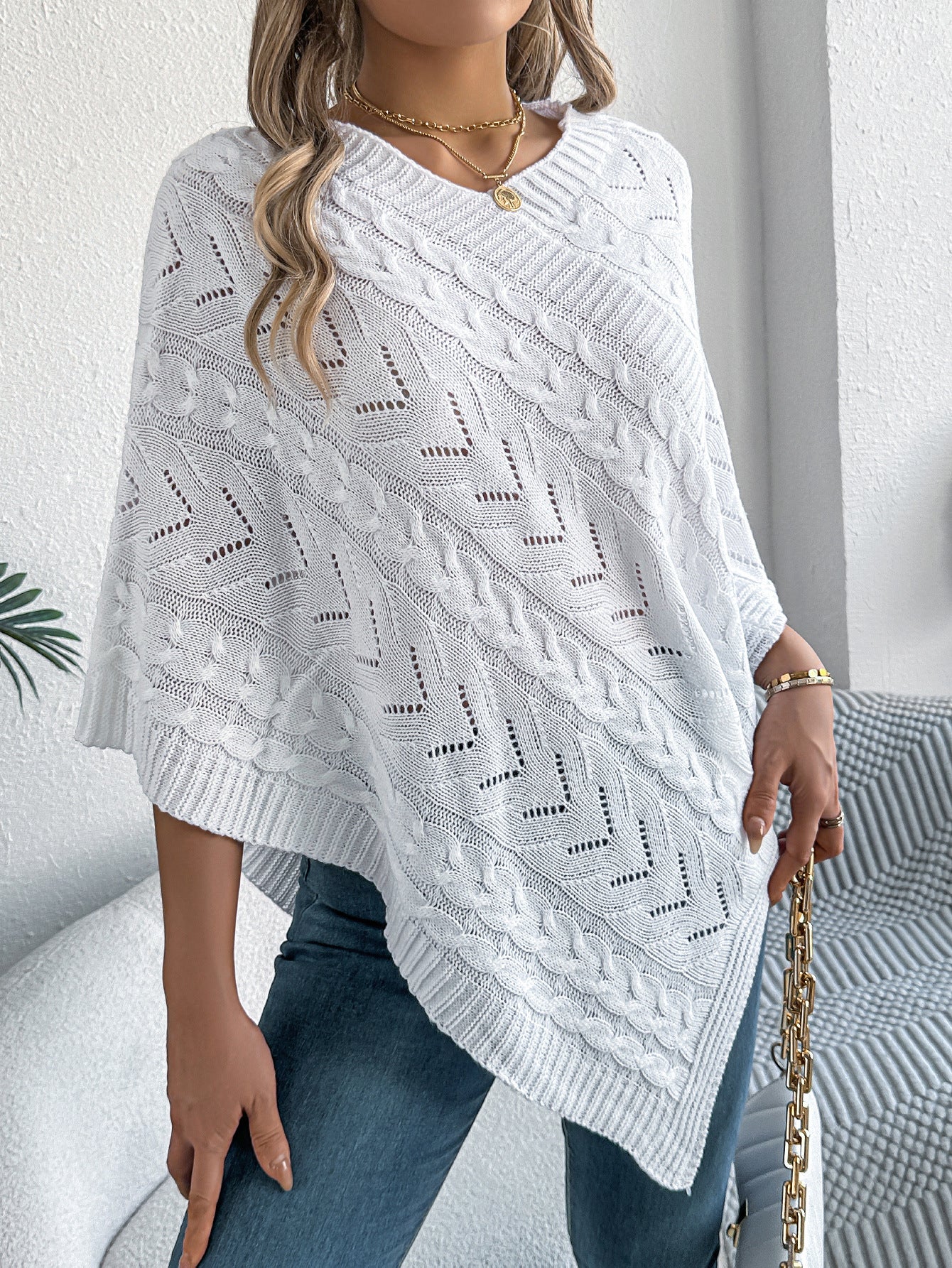 Cable Knit Hollow Out V-Neck Poncho Sweater Cape