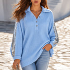 Ribbed Knit Polo Top with Sequin Sleeves