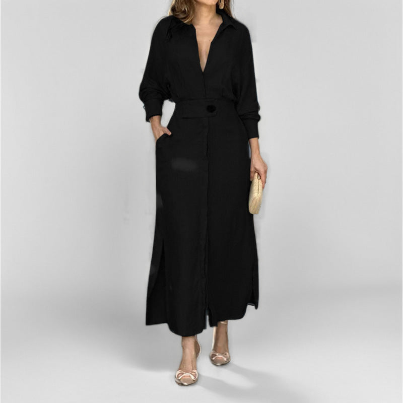 Collared Waist‑Tab Shirt Maxi Dress