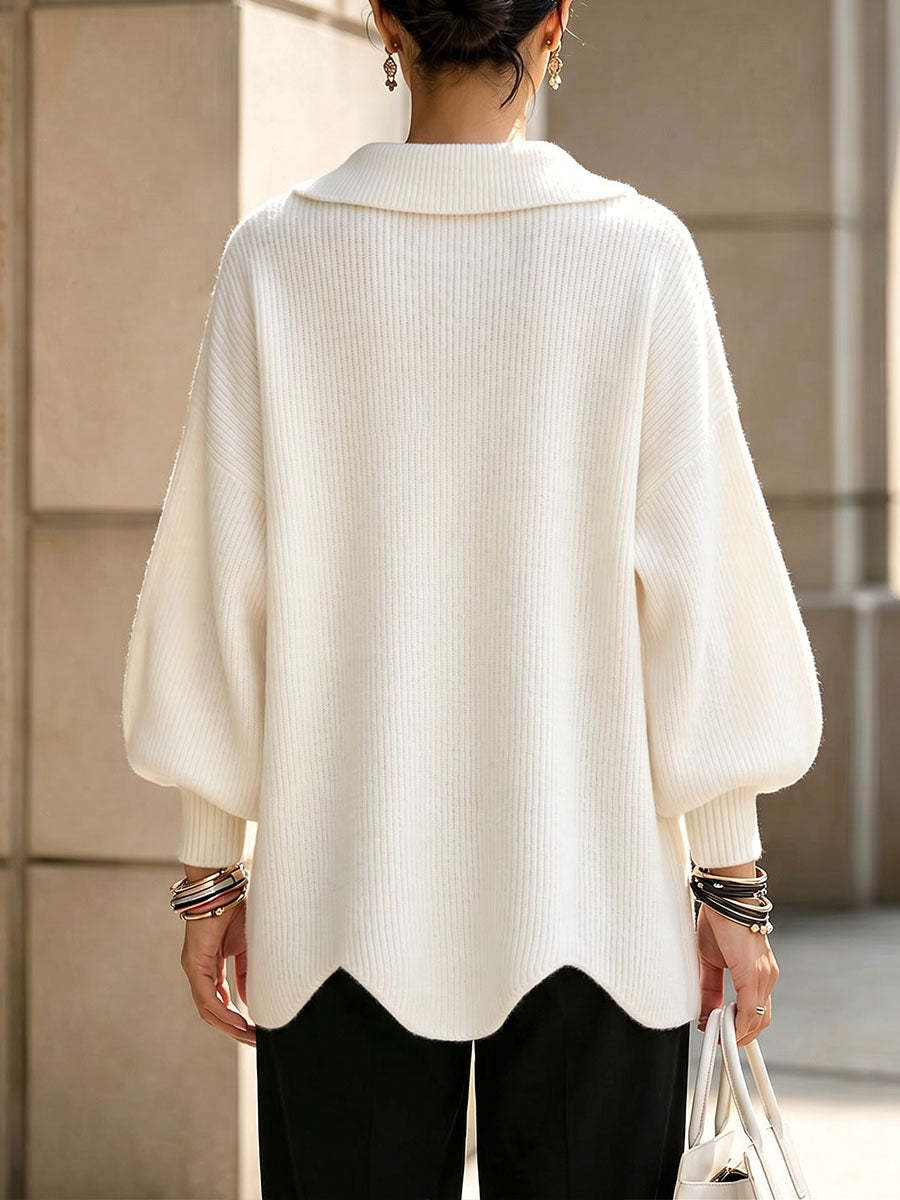 Peter Pan Collar V-Notch Oversized Rib Knit Sweater