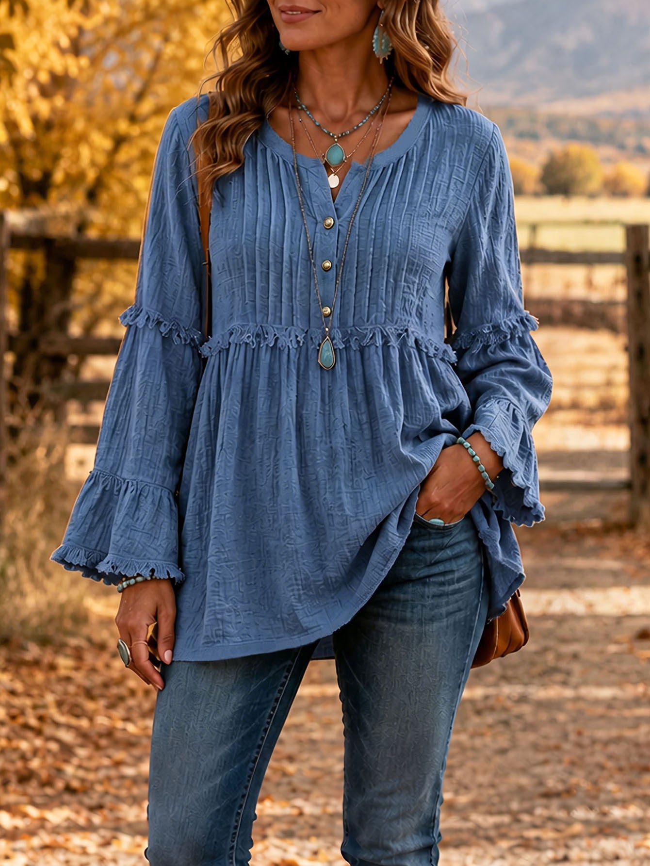 Boho Ruffle Bell Sleeve Tunic Casual  Blouse