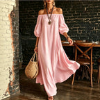 White Off‑Shoulder Balloon Sleeve Flowy Maxi Dress