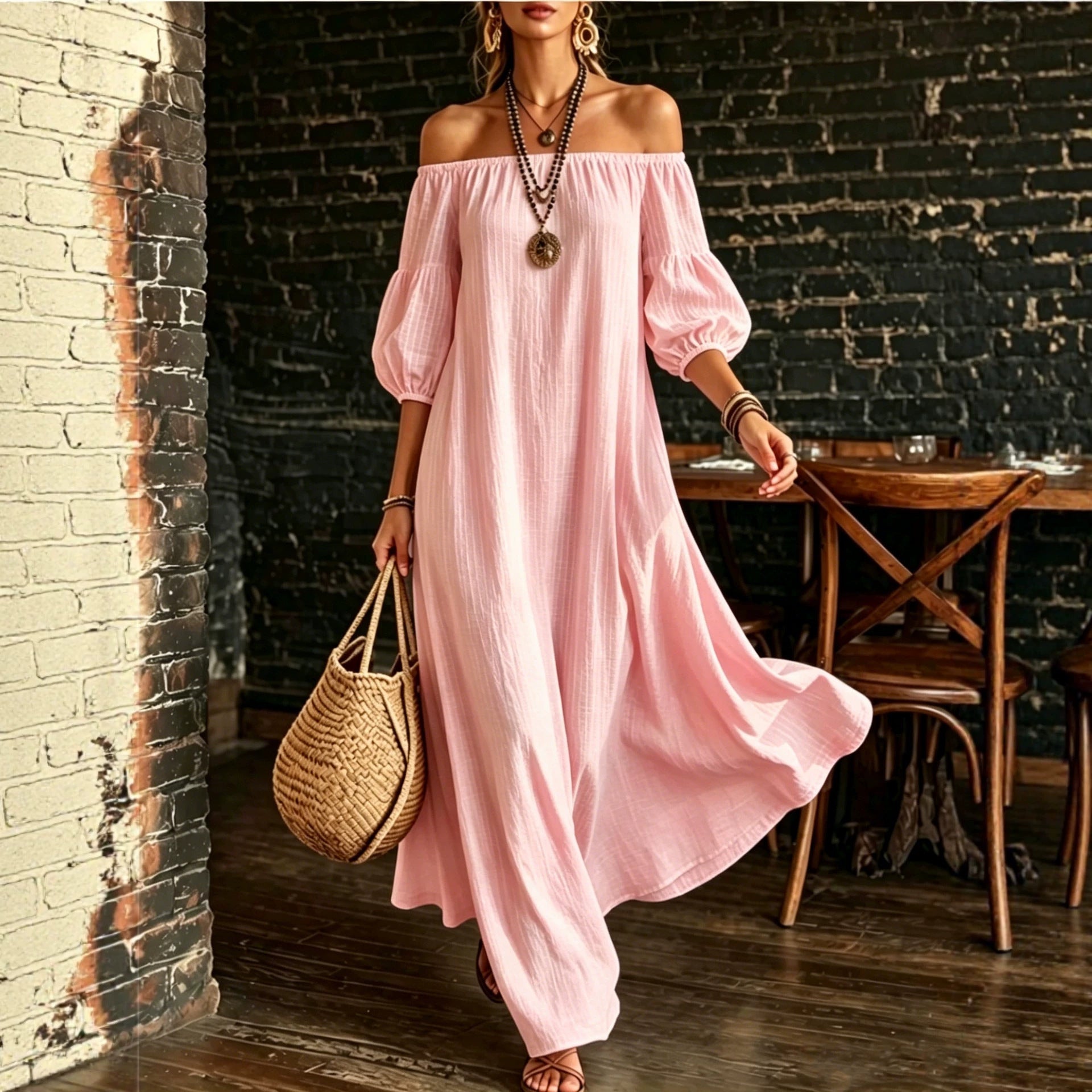 White Off‑Shoulder Balloon Sleeve Flowy Maxi Dress
