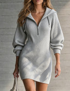 Ribbed Knit Hooded Half?Zip Long?Sleeve Bodycon Mini Dress