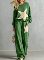 Casual Loose Fit Star Print Sweatshirt Set Ladies Travel Two Piece Tracksuit