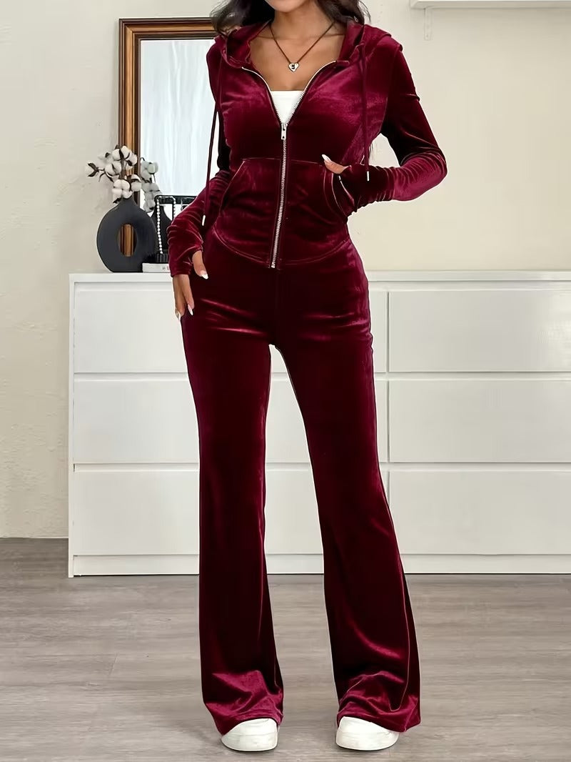 Velvet Zip-Up Hoodie & Flared Pants Set