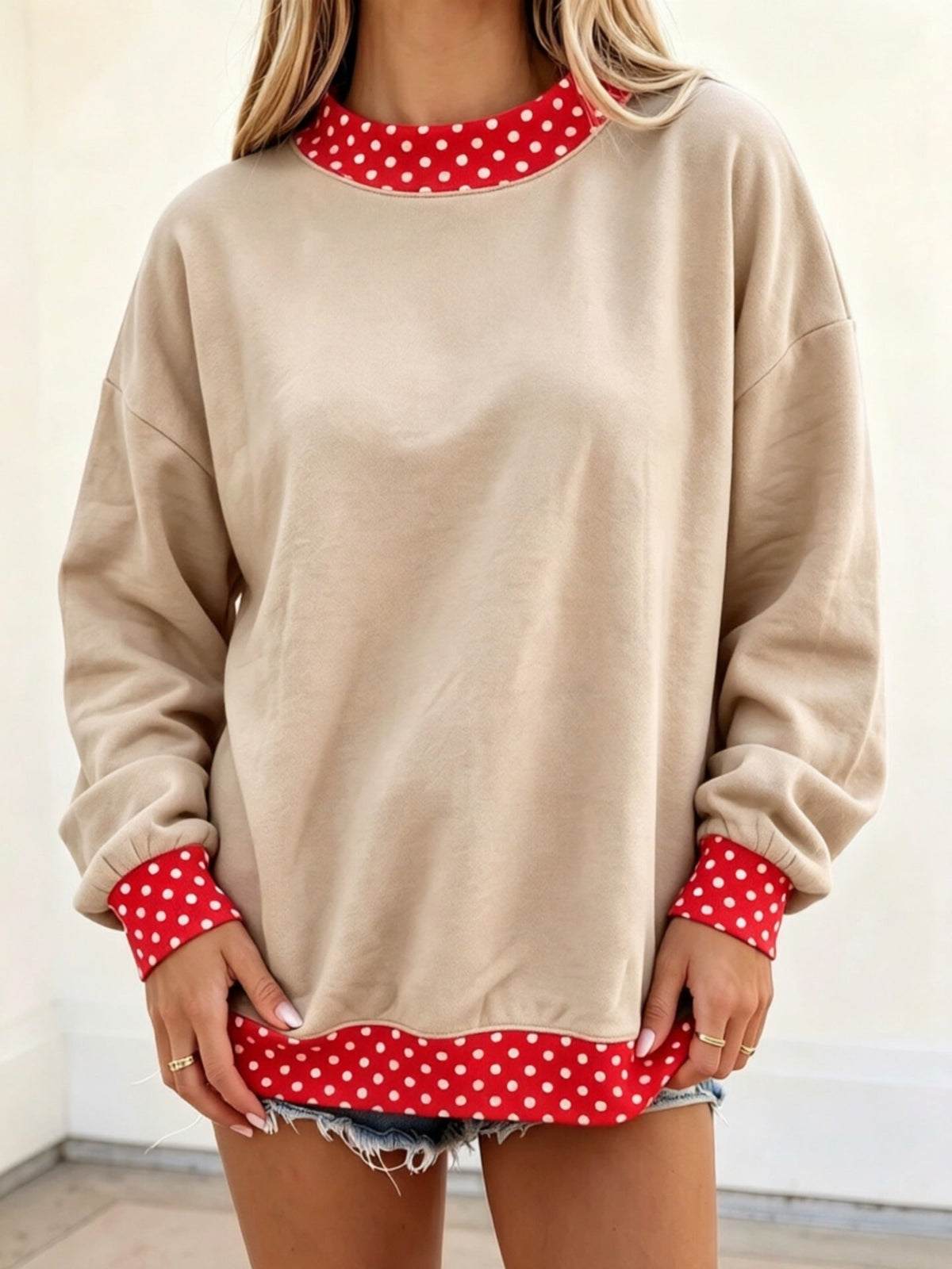 Oversized Sweatshirt with Polka Dot Trim