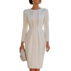 Round Neck Pleated Front Long Sleeve Bodycon Midi Dress