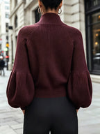 Burgundy Ribbed Knit Zip‑Up Balloon Sleeve Cropped Cardigan