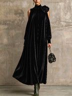 Women's High Neck Cold Shoulder Velvet Maxi Dress With 3D Flower Decoration