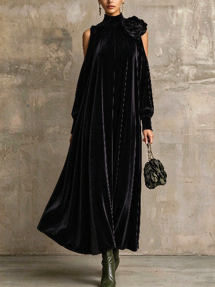 Women's High Neck Cold Shoulder Velvet Maxi Dress With 3D Flower Decoration