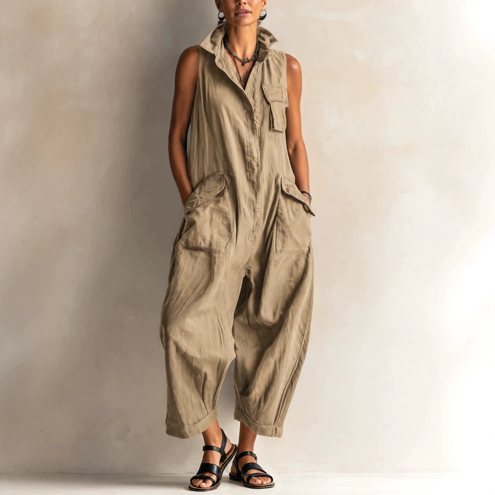 Sleeveless Linen Utility Jumpsuit Loose Cropped Wide Leg Cargo Jumpsuit
