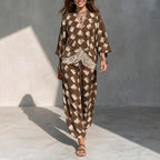 Geometric Print V?Neck Kimono Sleeve Top & Wide?Leg Pants Two?Piece Set
