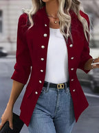 Stand Collar Decorative Metal Button Blazer Jacket, 3/4 Sleeve Slim Fit Casual Outerwear With Flap Pockets For Daily Office Wear