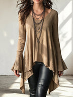 V-Neck Flare Long Sleeve Irregular Hem Tunic Top