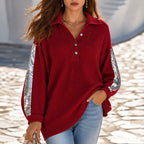 Ribbed Knit Polo Top with Sequin Sleeves