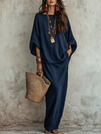 Textured Linen Batwing Top & Wide Leg Maxi Skirt Two-Piece Set