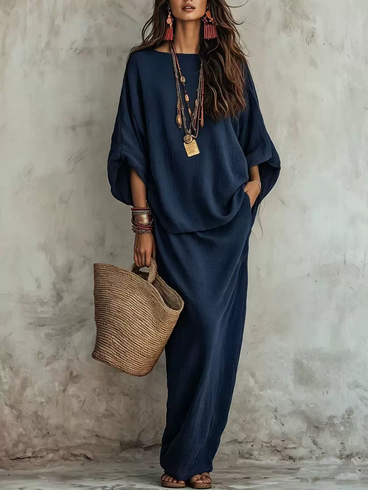 Textured Linen Batwing Top & Wide Leg Maxi Skirt Two-Piece Set