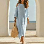 Linen?Blend Cold?Shoulder Button Detail Loose Maxi Dress