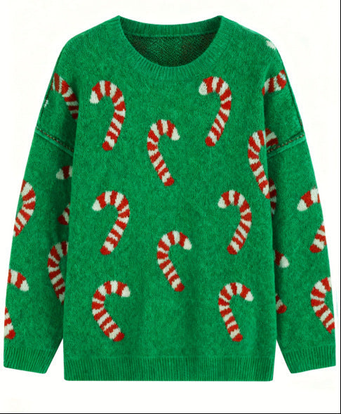 Women's Plus Size Crew Neck Candy Cane Print Long Sleeve Christmas Knit Sweater