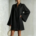 Collared Half Zip Bell Long Sleeve Linen Blend Mini Shirt Dress