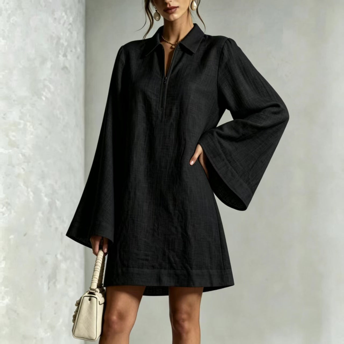 Collared Half Zip Bell Long Sleeve Linen Blend Mini Shirt Dress