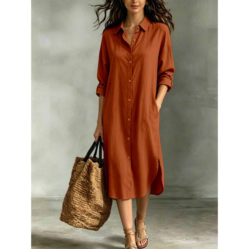 Oversized Linen?Blend Shirt Midi Dress