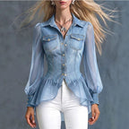 Denim Sheer Organza Puff Sleeve Peplum Fitted Shirt Blouse