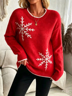 Women's Crew Neck Snowflake Print Long Sleeve Christmas Knit Sweater